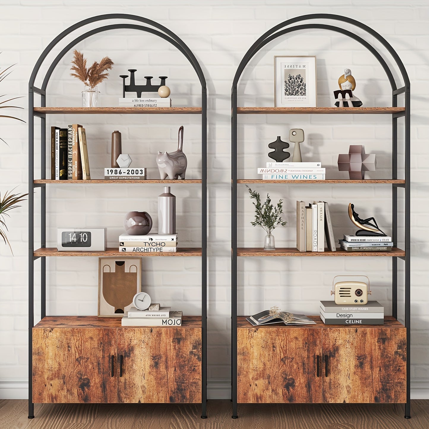 Elegant 180cm Arched Book Shelf with Doors - Sturdy Metal Frame & E1 Quality Boards - Freestanding Storage Unit for Living Room