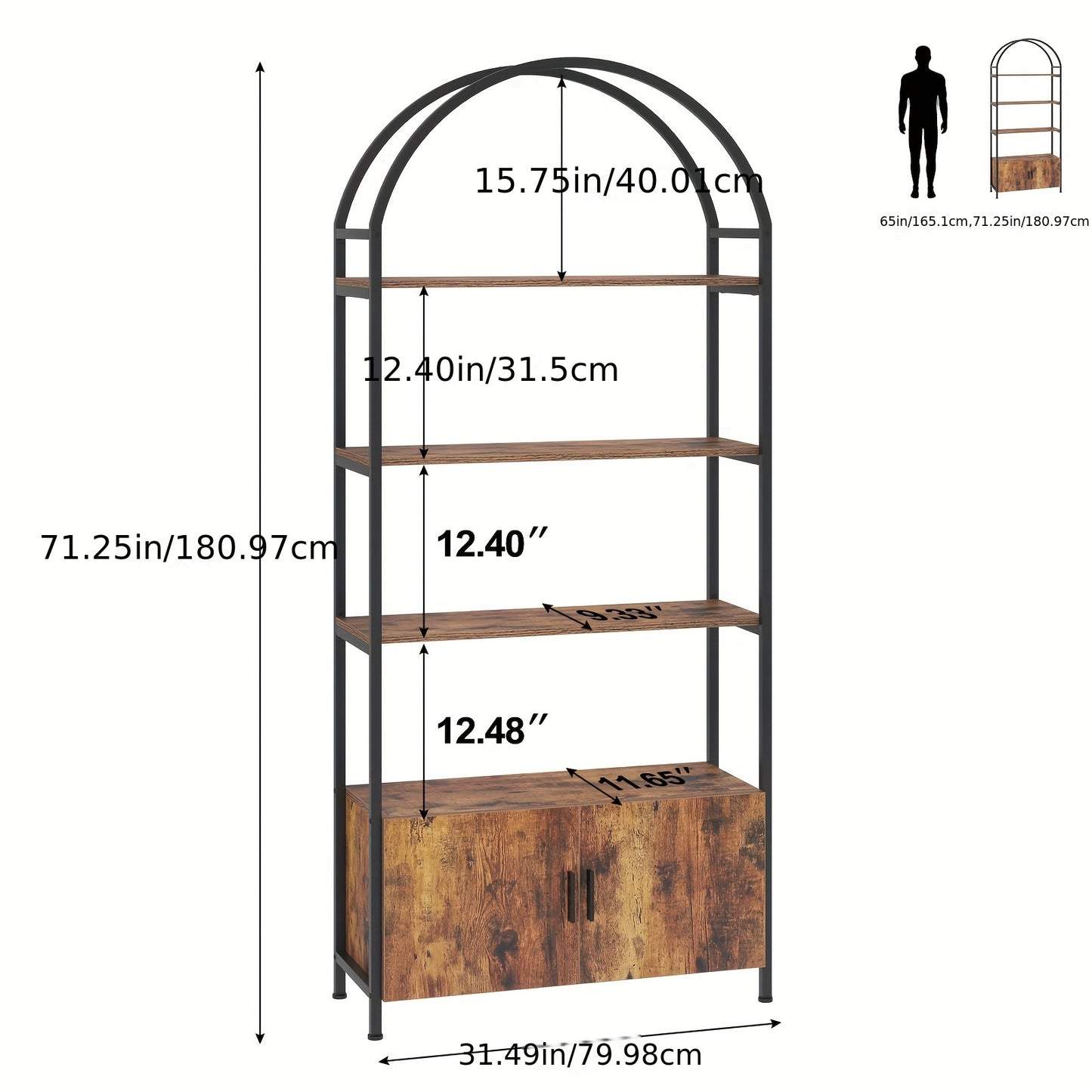 Elegant 180cm Arched Book Shelf with Doors - Sturdy Metal Frame & E1 Quality Boards - Freestanding Storage Unit for Living Room