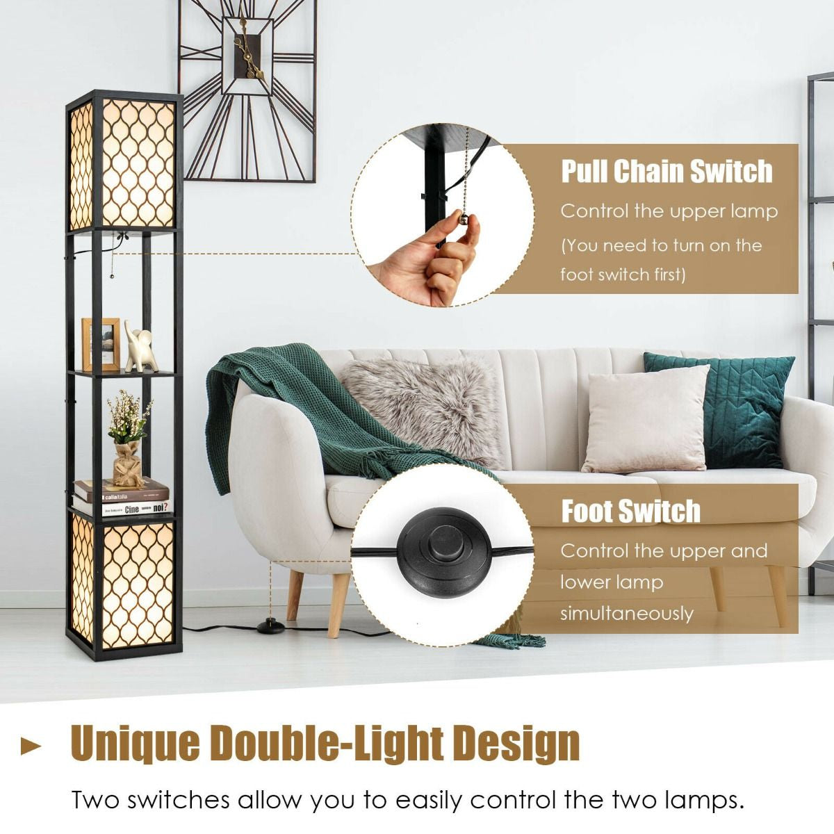 Double Floor Lamp with 2 Tier Storage Shelves and Foot Switch