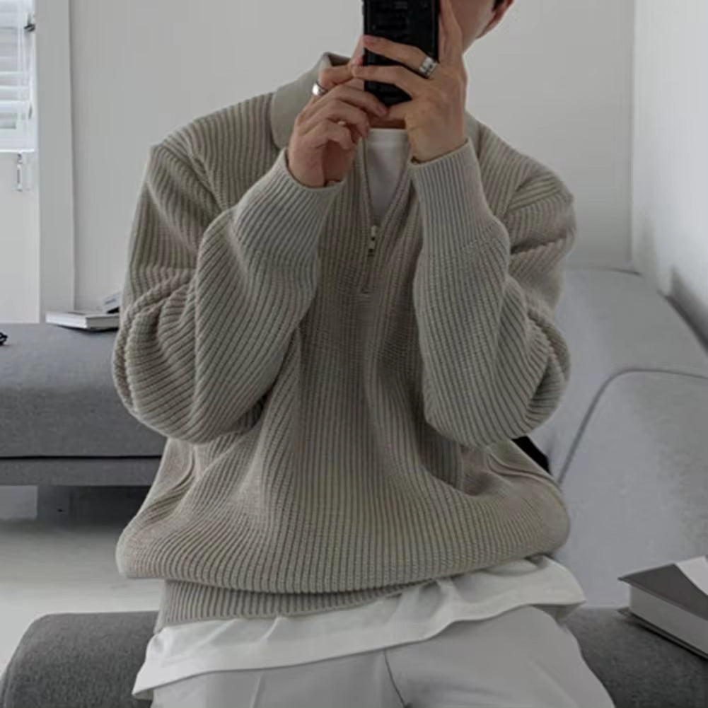 Winter Lapel Sweater Men Warm Fashion Casual Knit Pullover Men Korean Loose Zipper Long Sleeve Sweater Mens Jumper Clothes M-2XL