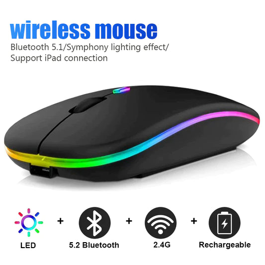 Bluetooth Wireless Mouse for Computer PC Laptop Ipad Tablet with RGB Backlight Mice Ergonomic Rechargeable USB Mouse Gamer