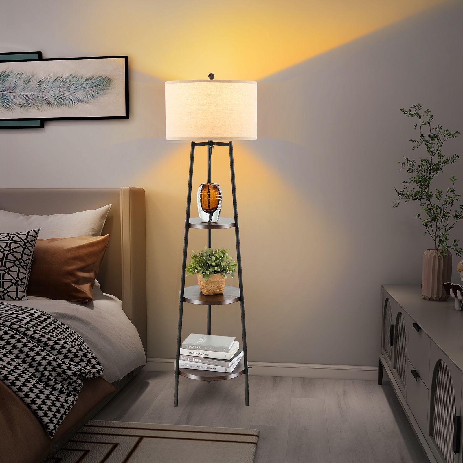 Floor Lamp with Shelves Linen Lampshad and Chain Switch