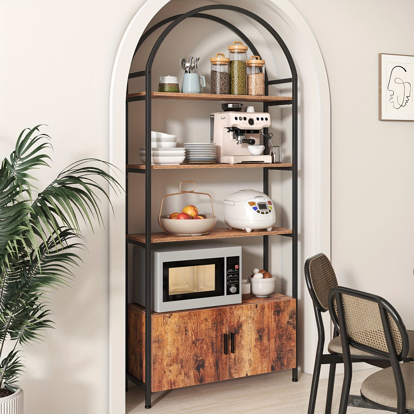 Elegant 180cm Arched Book Shelf with Doors - Sturdy Metal Frame & E1 Quality Boards - Freestanding Storage Unit for Living Room