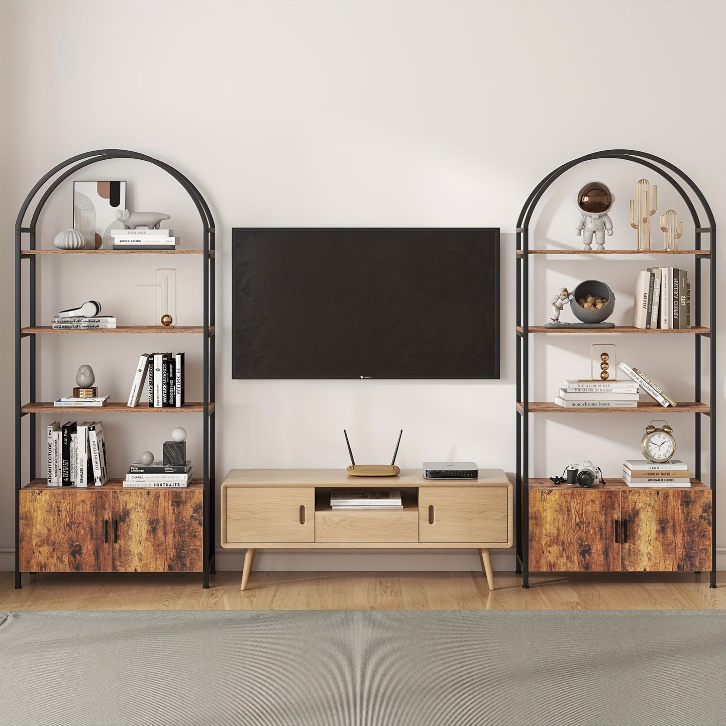 Elegant 180cm Arched Book Shelf with Doors - Sturdy Metal Frame & E1 Quality Boards - Freestanding Storage Unit for Living Room