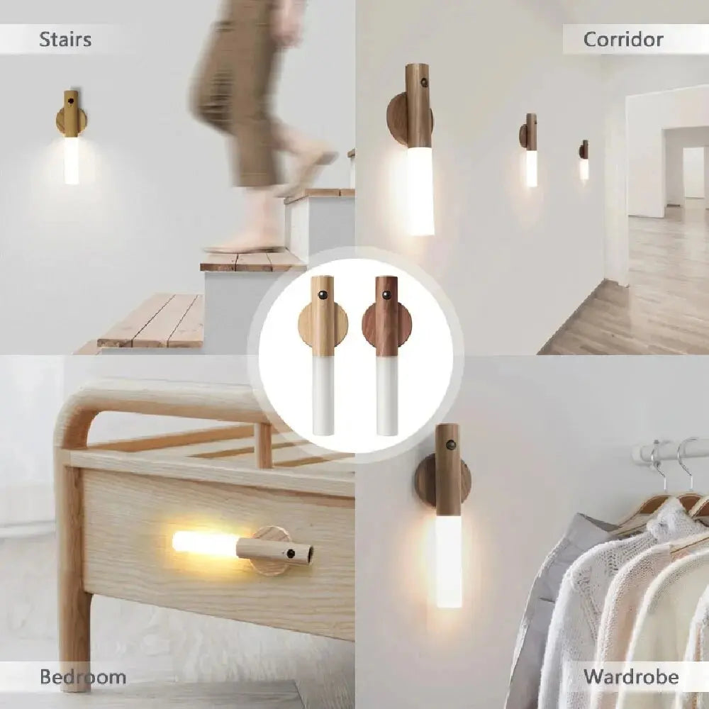 Creative Intelligent Auto Sensor LED Rechargeable Magnetic Night Light Wood Wall Light Kitchen Cabinet Light Lamp